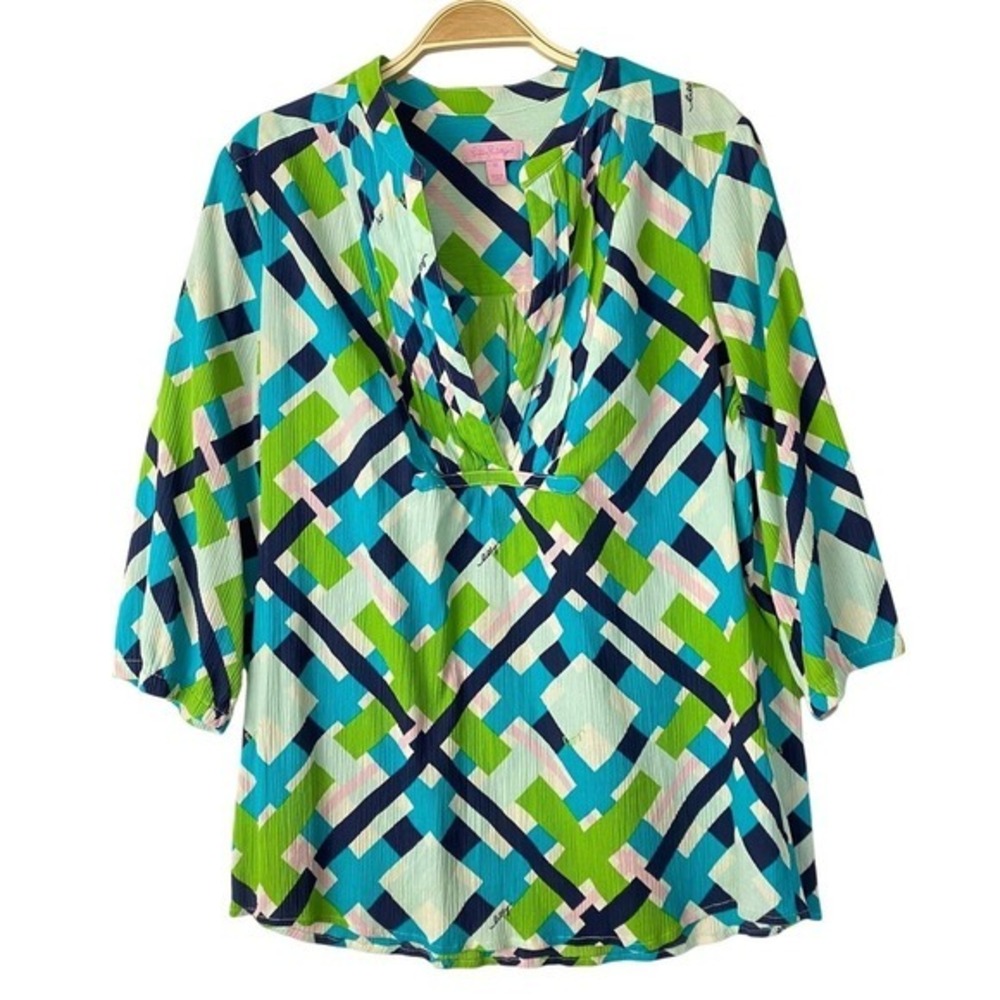 Lilly Pulitzer Sabine Gauze Tunic Top Women Size 12 Blue Green Geometric Coastal